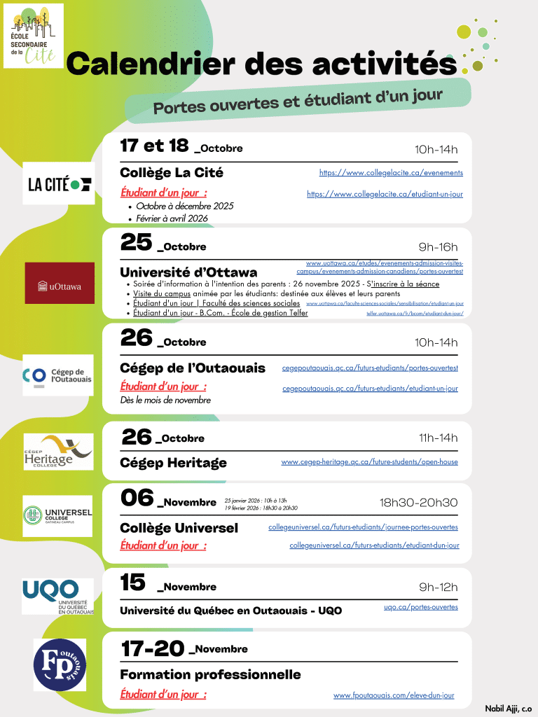 Calendrier des activites Portes ouvertes