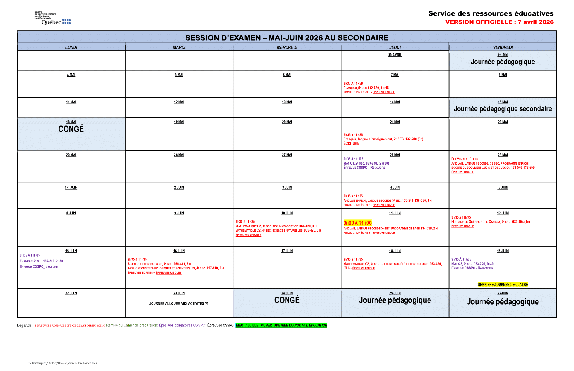 Horaire parents Fin dannee